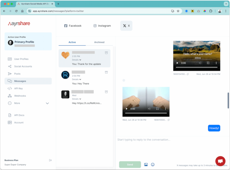 Ayrshare Messaging API สำหรับ Fb, Instagram และ X/Twitter
